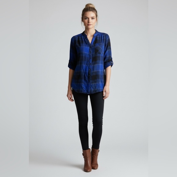 KC Khakis and Co. Tops - KC Khakis & Co Blue Black Plaid Button Down Shirt Rayon Roll Tab Sleeve Blouse